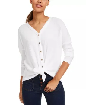 Ultra Flirt Juniors' Cozy Ribbed Tie-Front Top White Size Medium
