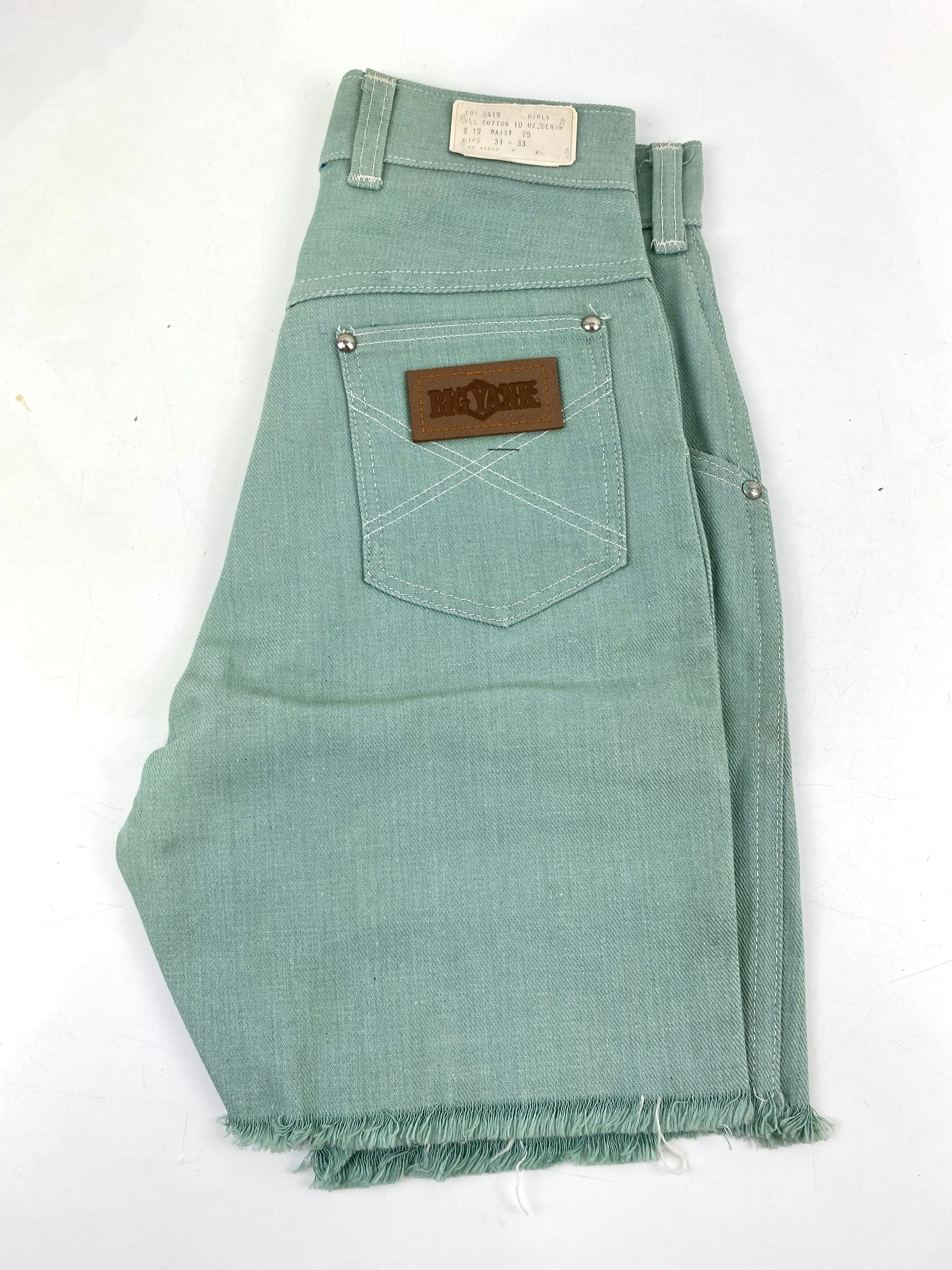 Vintage 1970s Deadstock Girls Jeans, Kids 'Big Yank' Cut-Off Jean Shorts, Green Denim, NOS