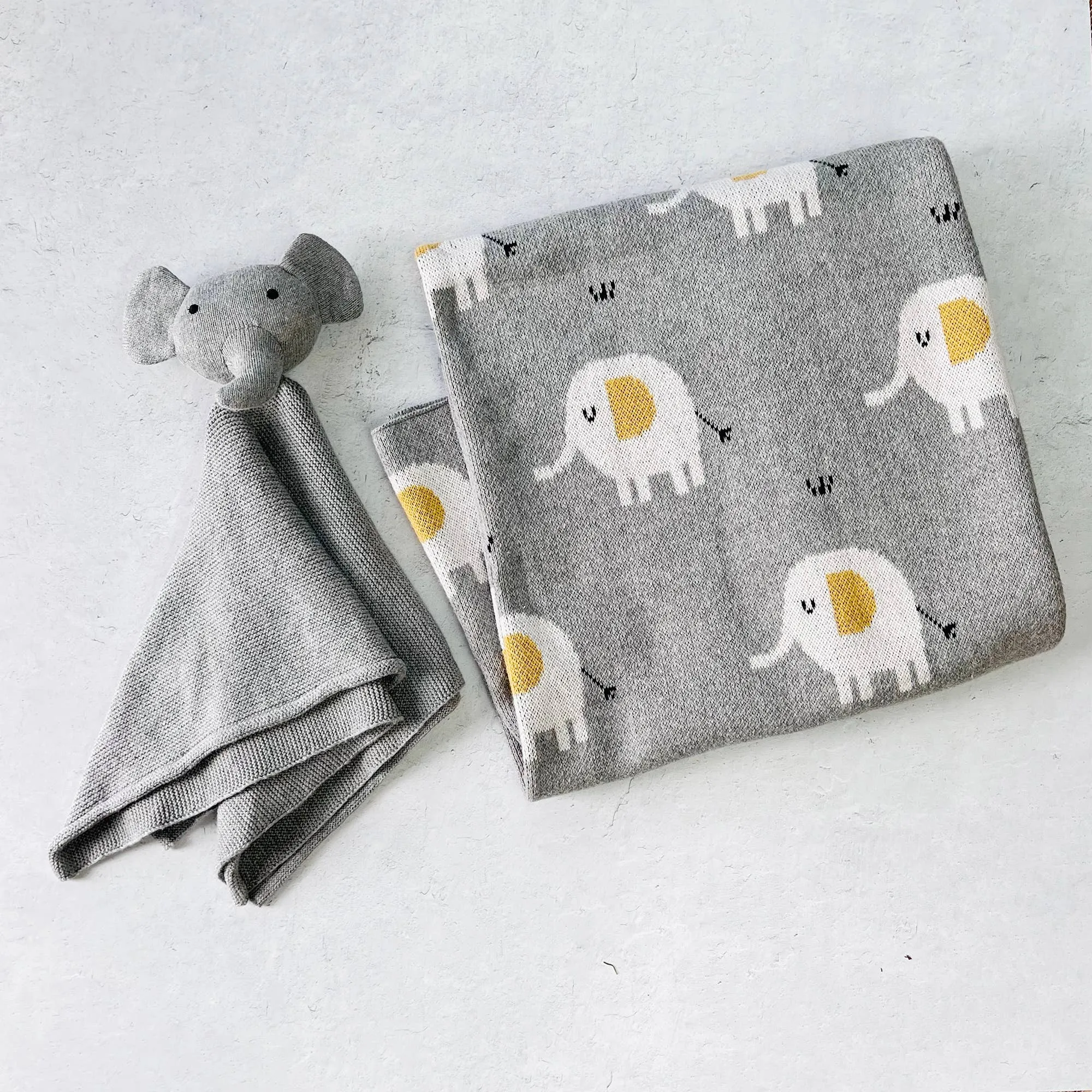 Viverano Organics - Elephant Jacquard Knit Baby Blanket & Lovey Gift SET