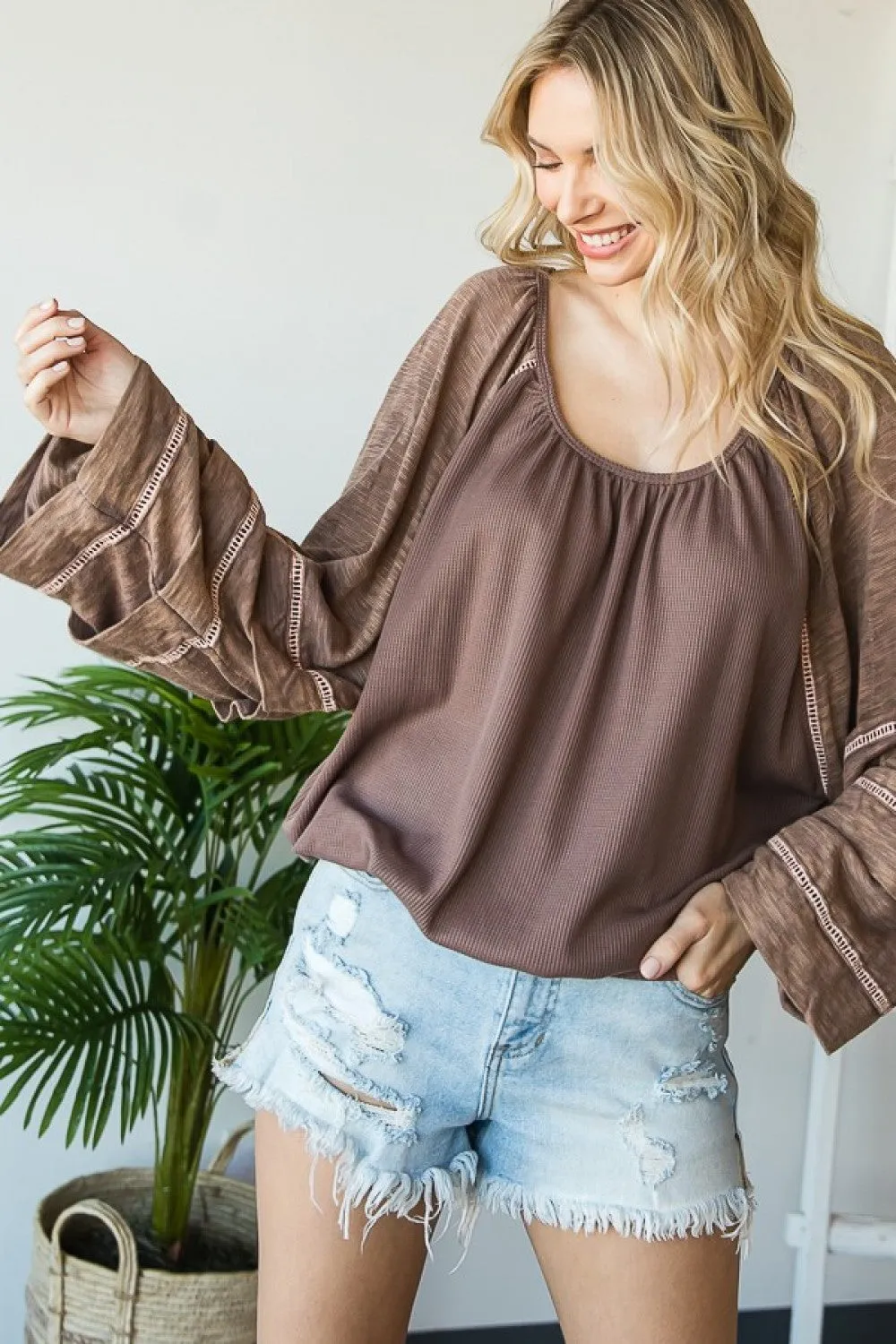 Washed Tucked Sleeve Raglan Knit Top