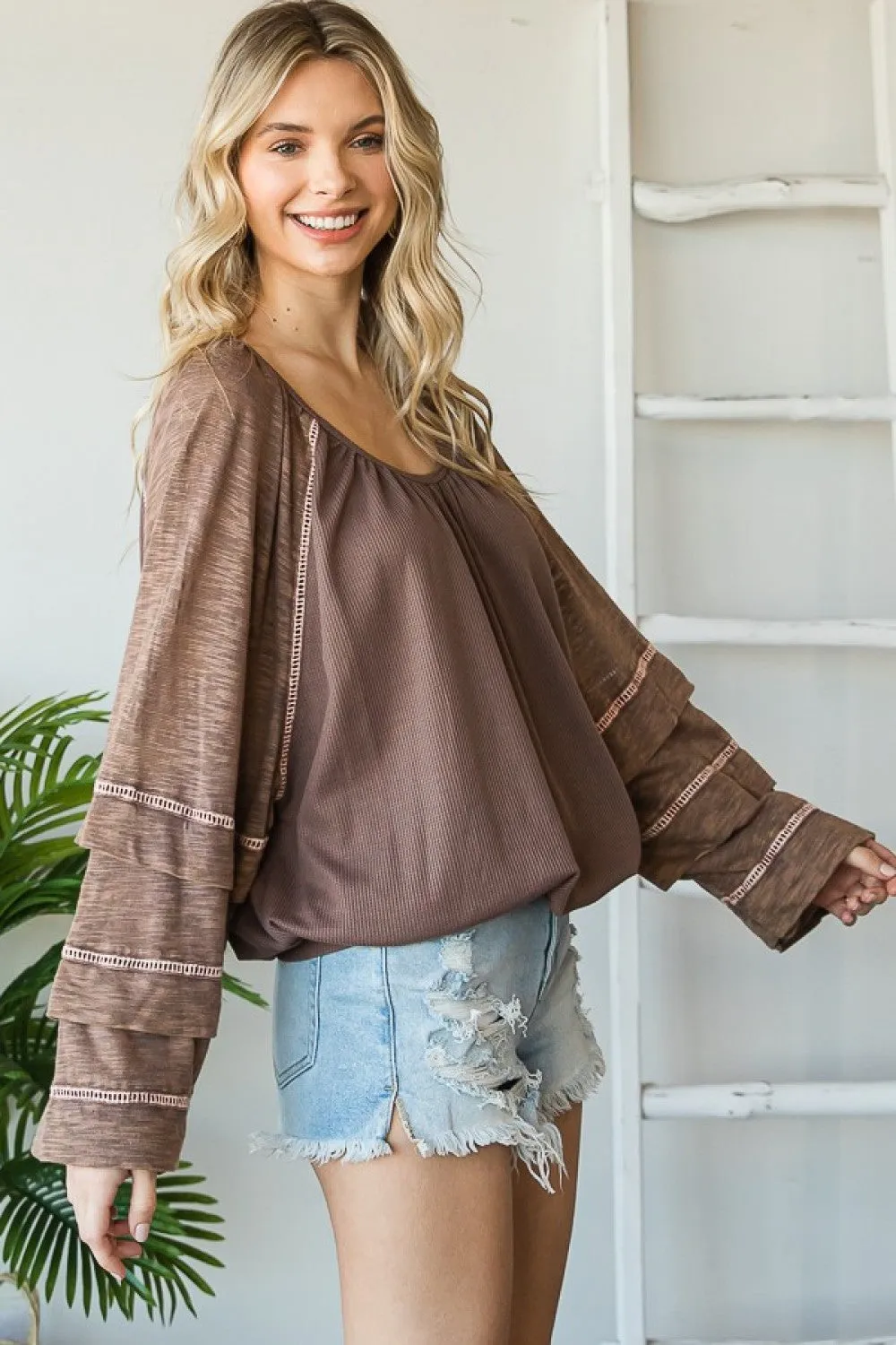Washed Tucked Sleeve Raglan Knit Top