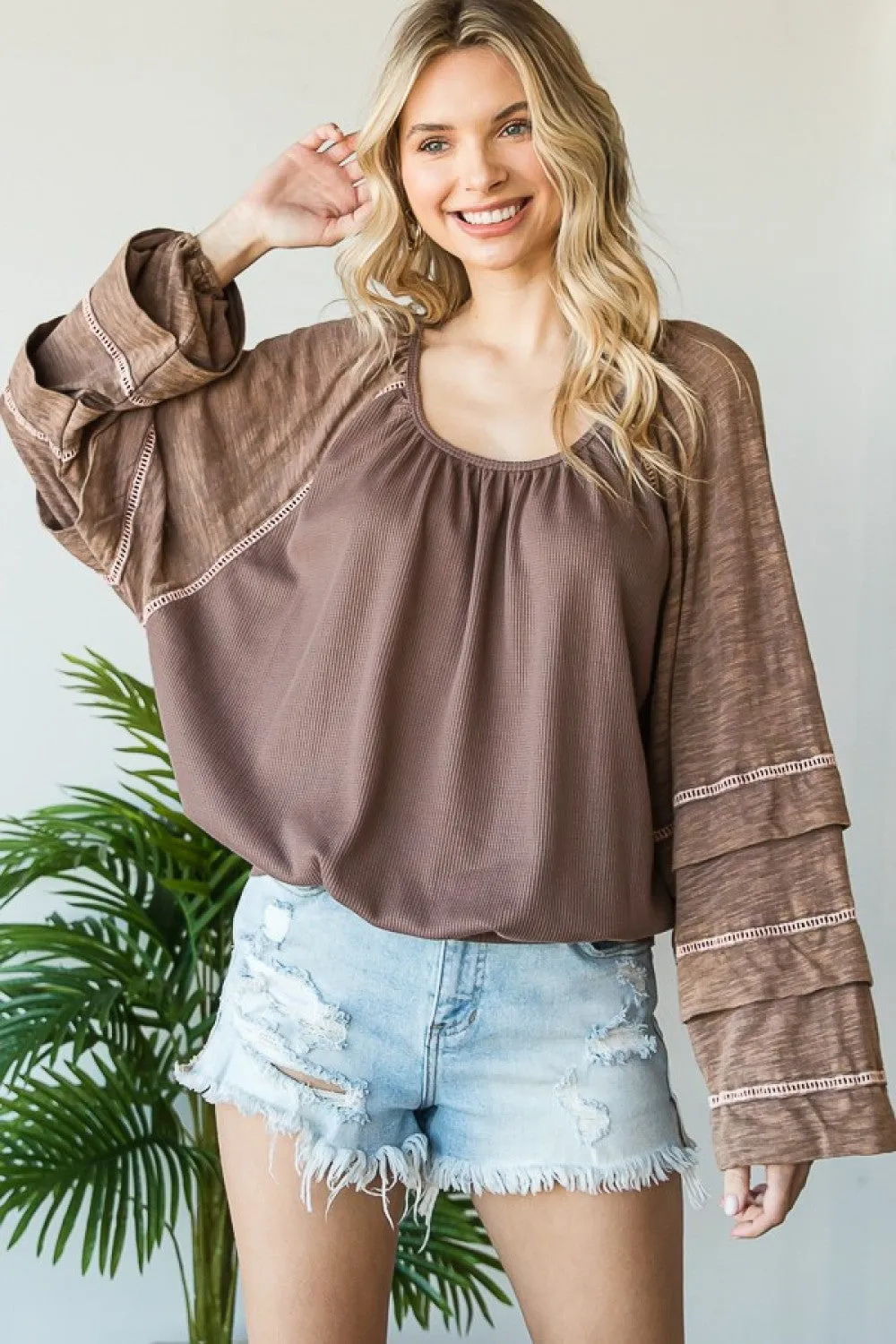 Washed Tucked Sleeve Raglan Knit Top