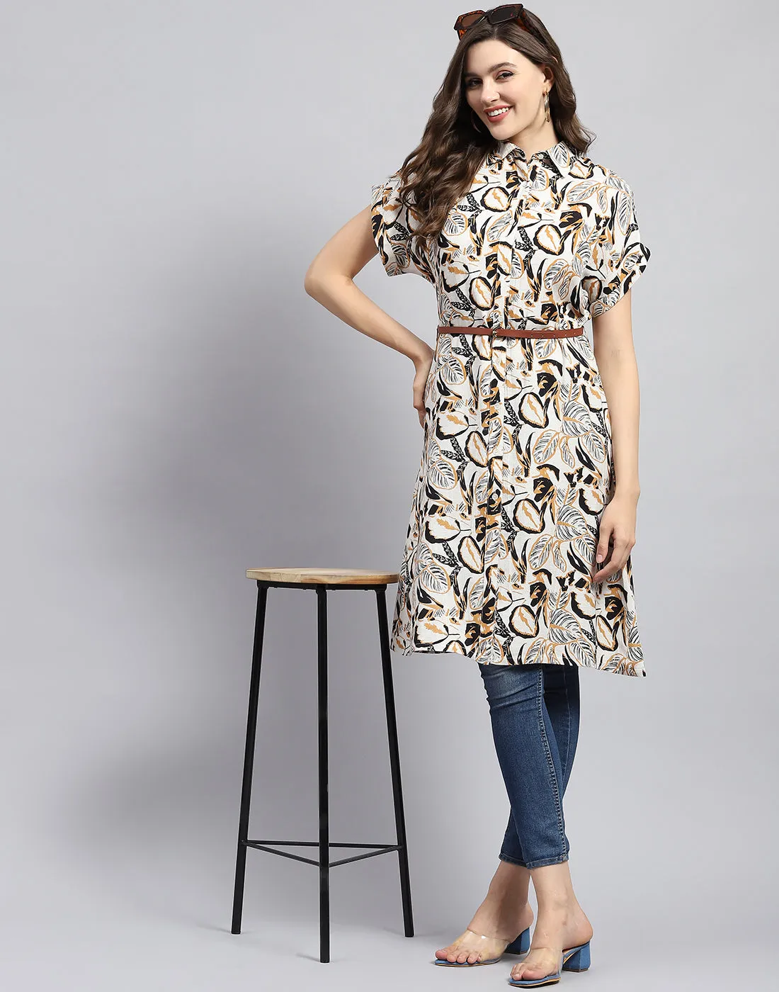 Women Brown & Black Printed Collar Half Sleeve Tunic