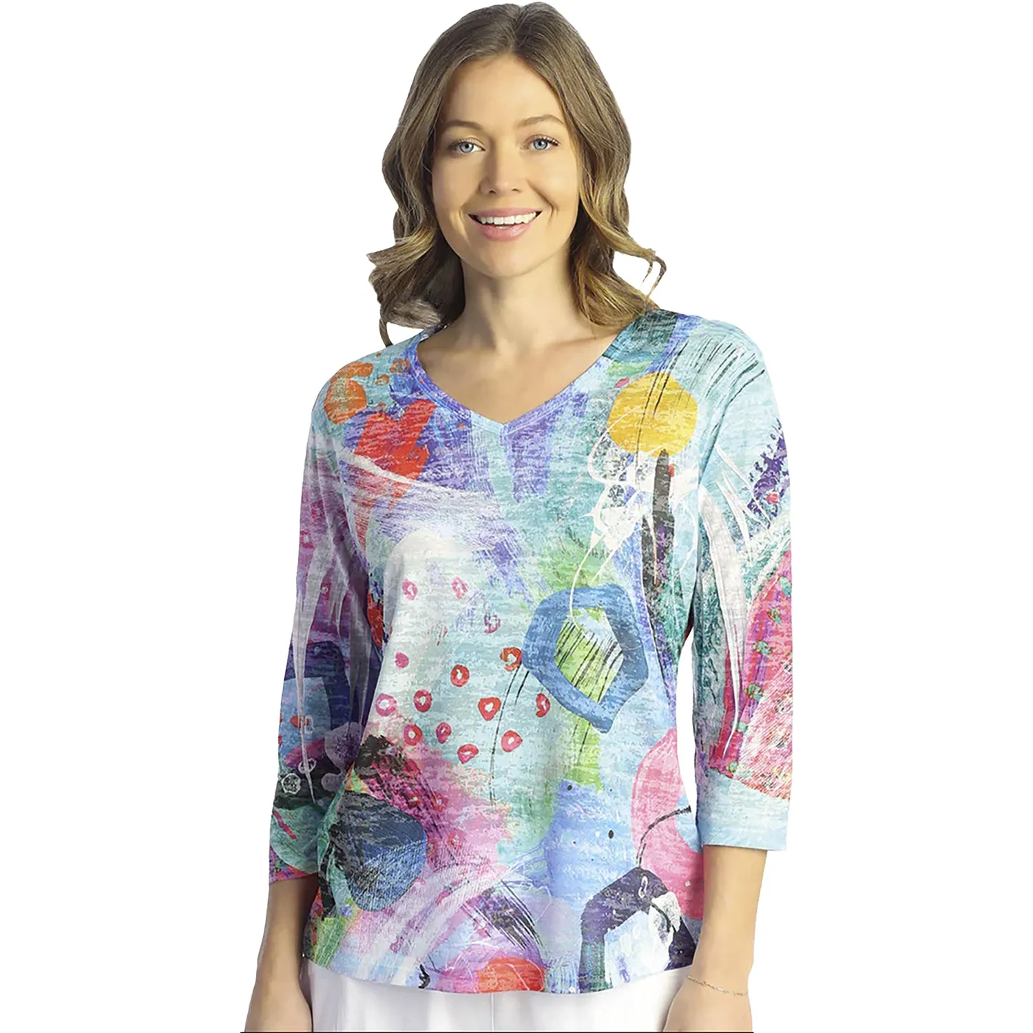Women's Jess & Jane V-Neck 3/4 Sleeve Burnout Top Canvas