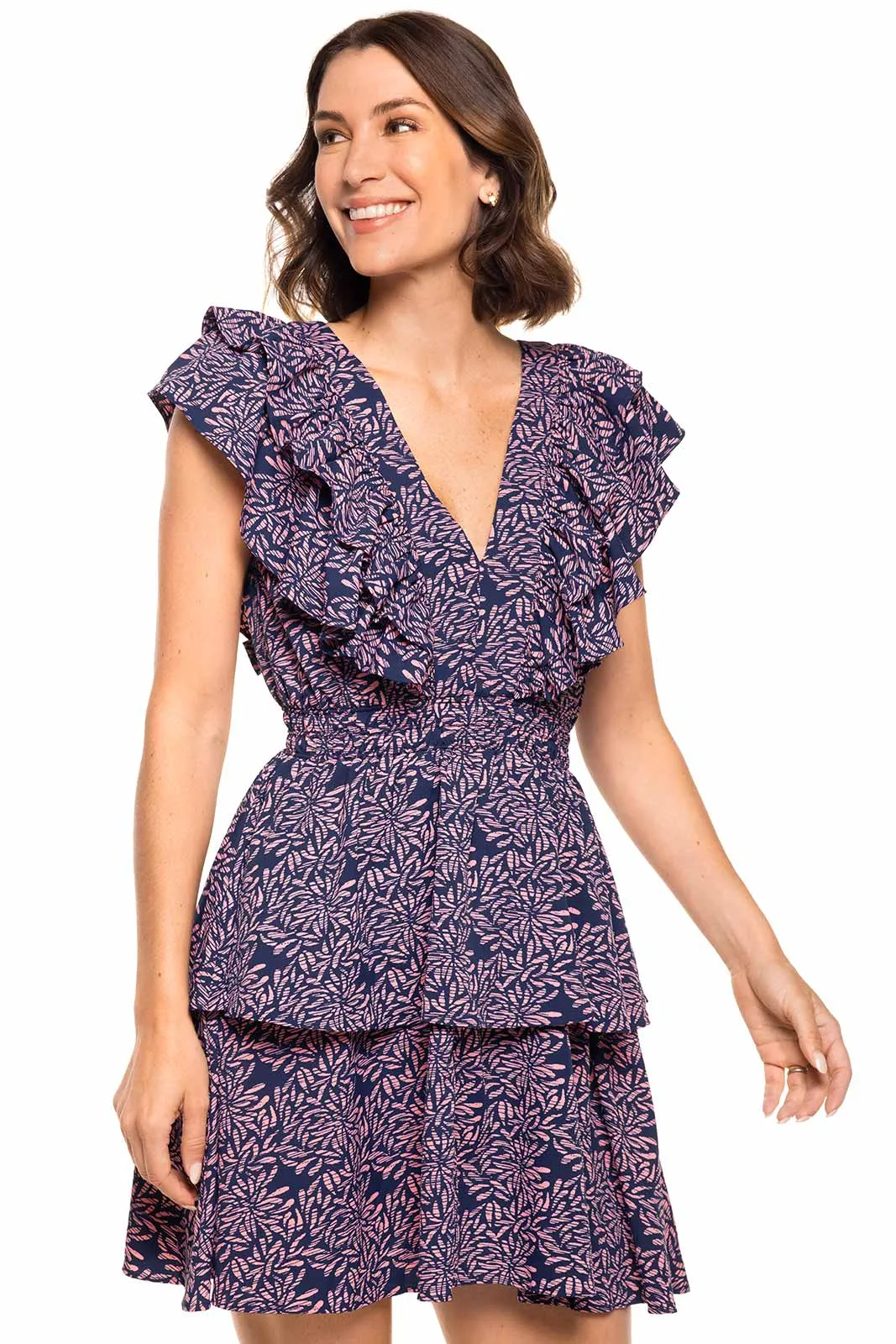 Women's South Cove V-Neck Ruffle Dress  |  Peachy Pink Etched Flowers